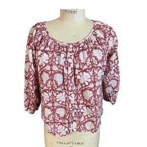 Marea by Liz Joy Block Print Peasant Blouse in Dark Rose Size Small